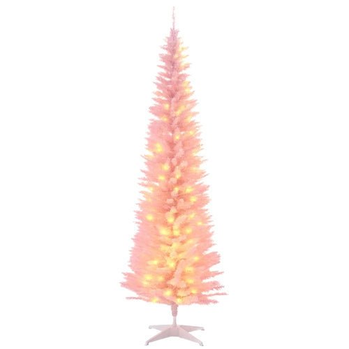 6' Pre Lit Artificial Pencil Christmas Tree, Warm White LED Lights, Pink