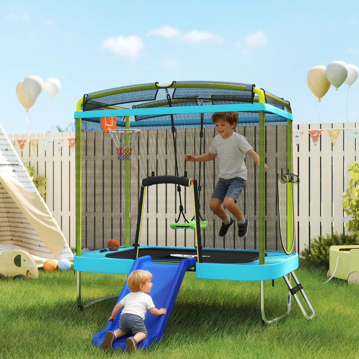 70" x 47" Trampoline With Slide, Swing, Basketball Hoop, Light Blue Trampolines at Gallery Canada