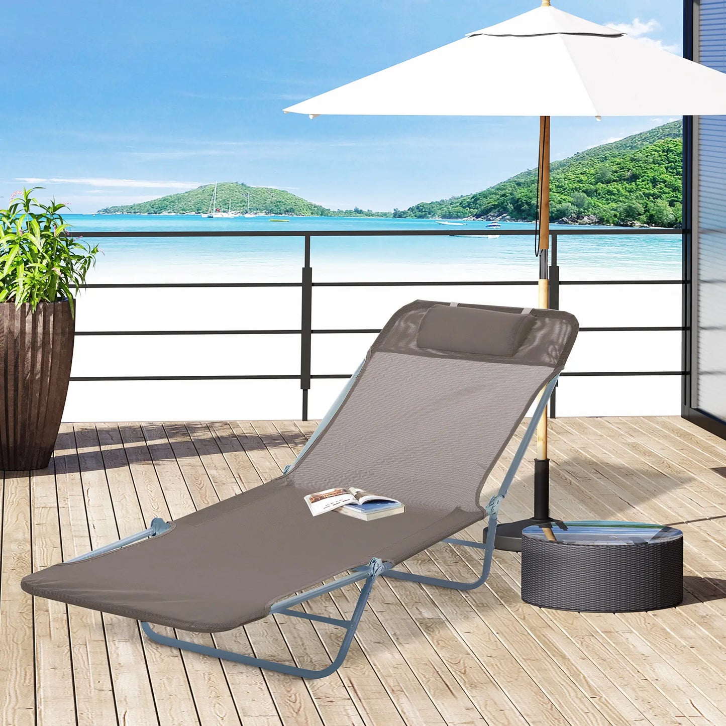 Outdoor Lounge Chair, Adjustable Reclining Seat, Folding Chaise, Brown Lounger Chairs at Gallery Canada