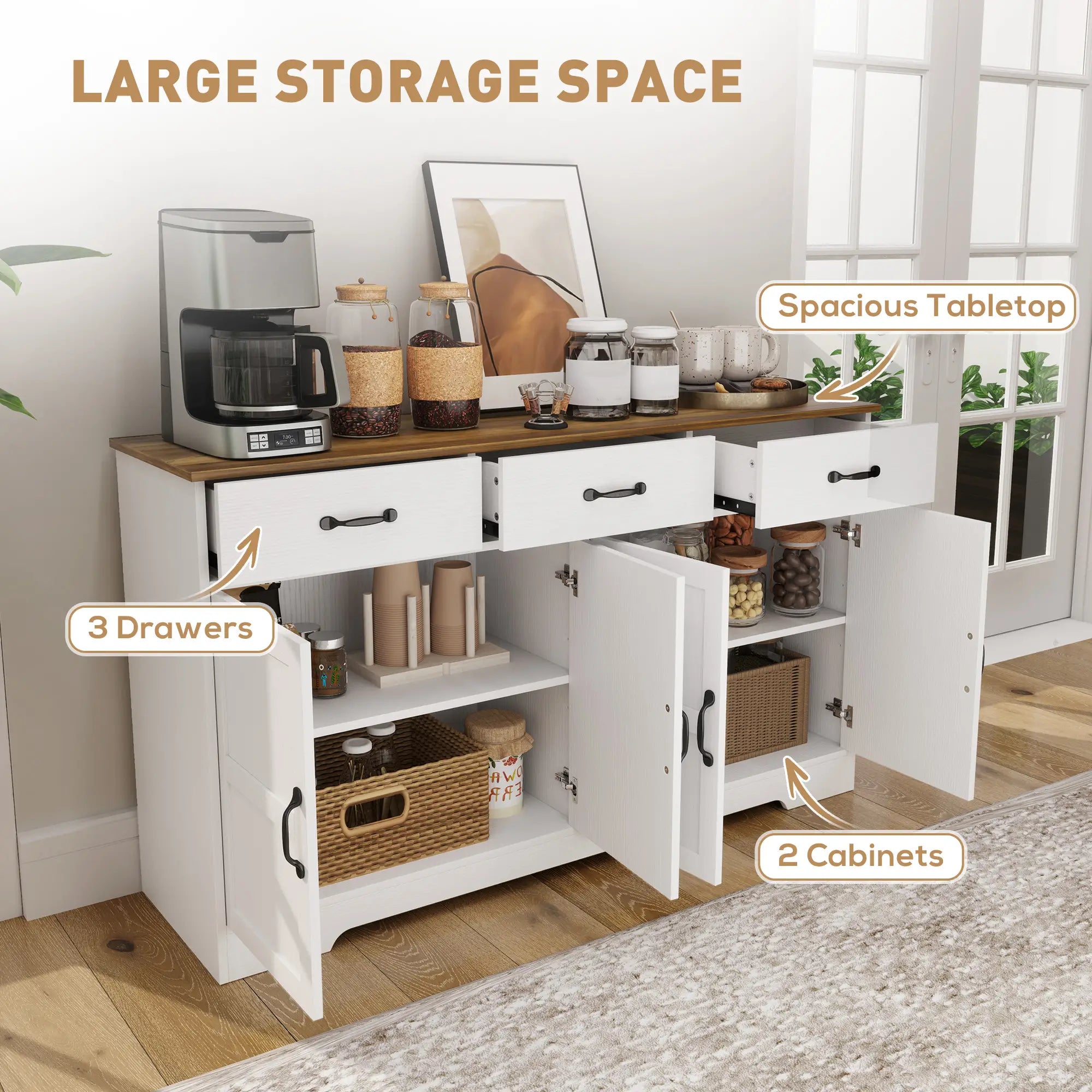 Modern Sideboard Buffet Cabinet, Distressed White, 3 Drawers, Adjustable Shelves, White Bar Cabinets at Gallery Canada