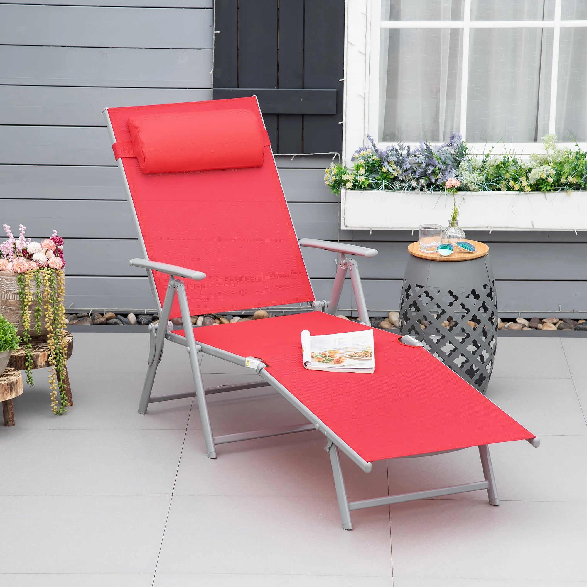 Outdoor Folding Chaise Lounge, Steel Recliner, 7 Adjustable Positions, Red Lounger Chairs at Gallery Canada