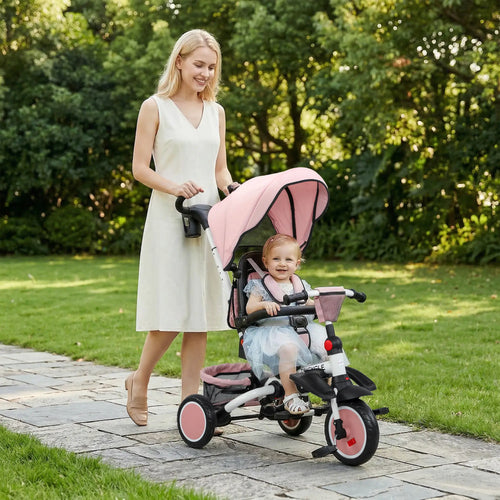 6 in 1 Toddler Tricycle, Push Handle, Removable Canopy, Rotatable Seat, Pink