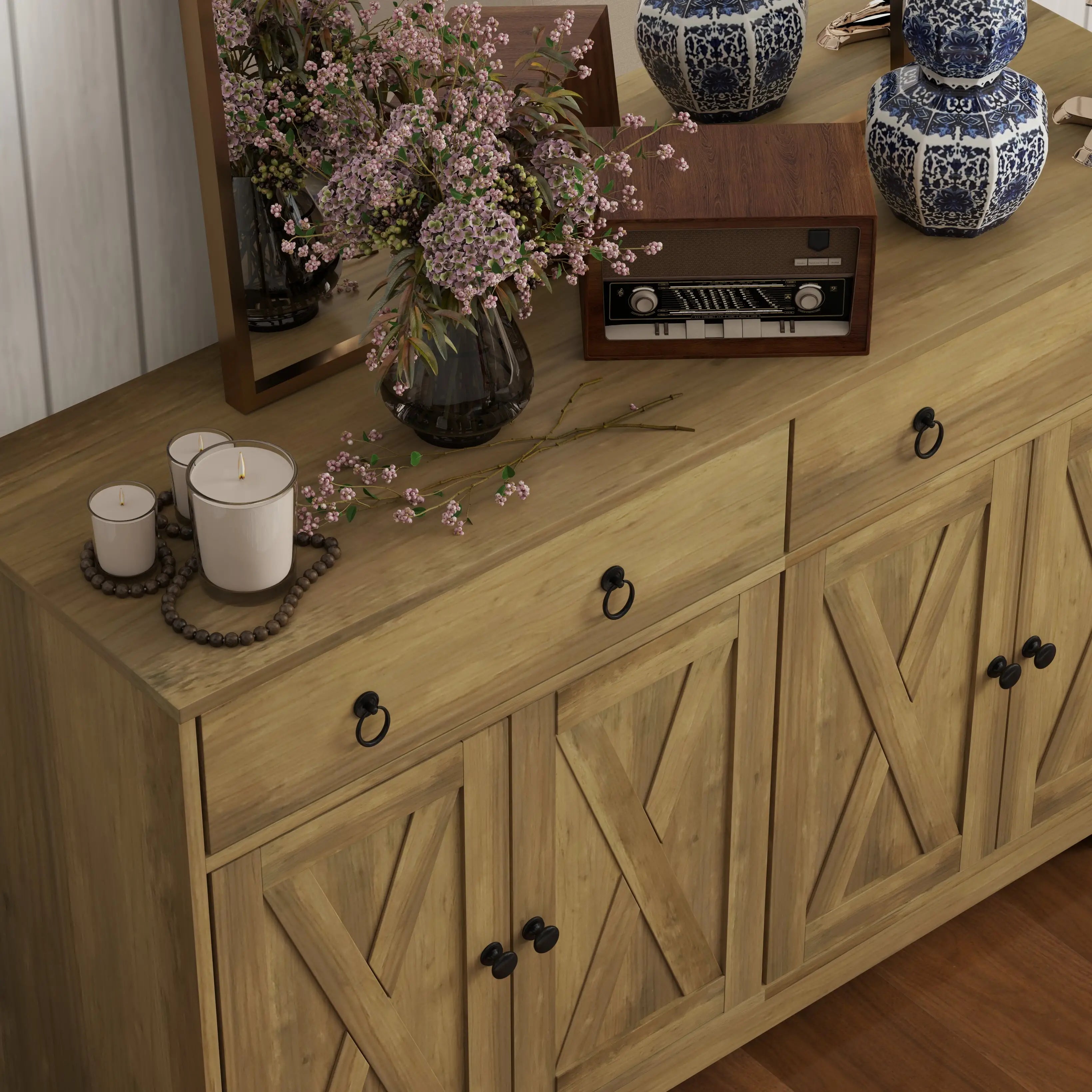 Sideboard Cabinet, 2 Drawers, 4 Barn Doors, 2 Adjustable Shelves, Light Brown Bar Cabinets at Gallery Canada