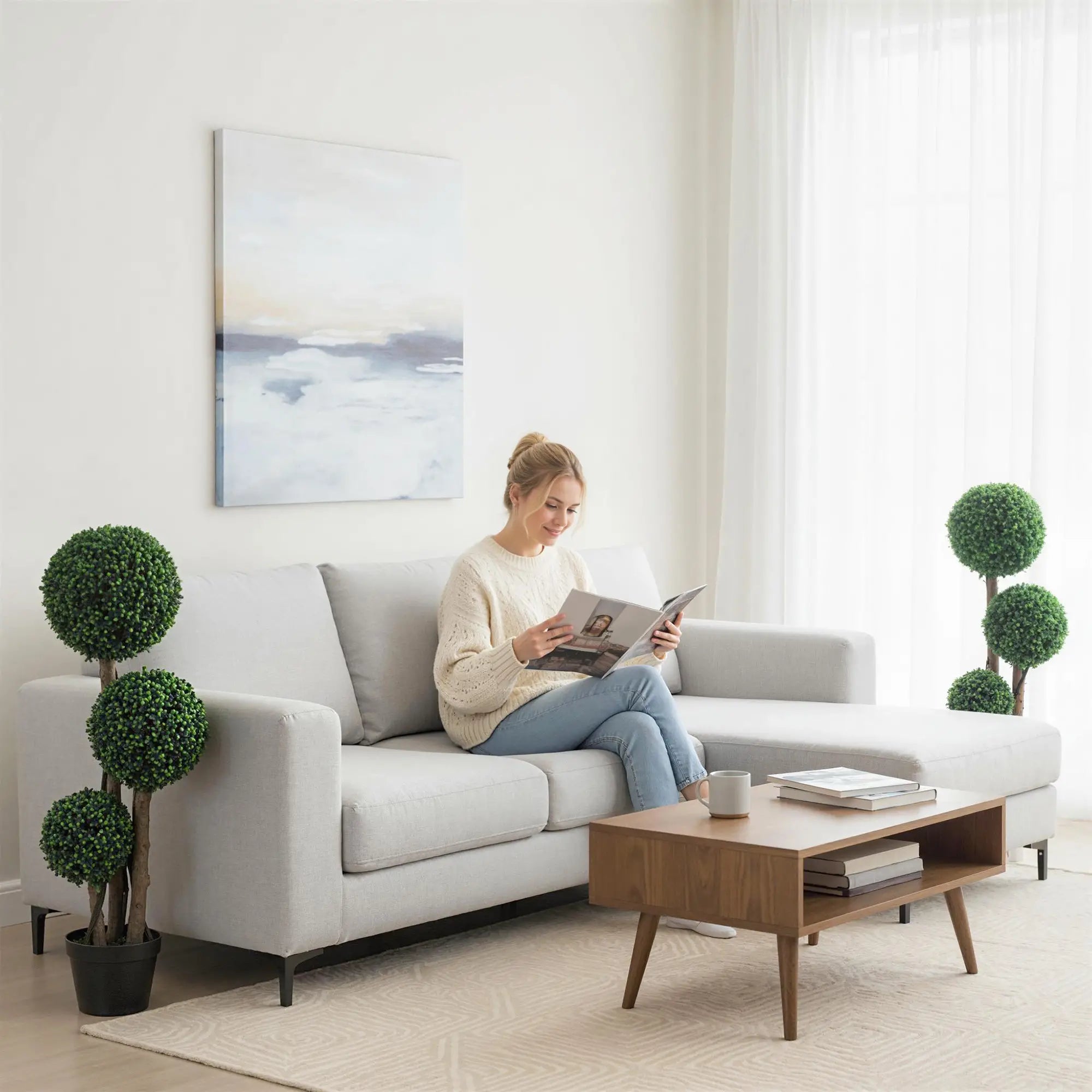 35 Inch Artificial Boxwood Topiary Tree Set of 2, Indoor Outdoor, Green Artificial Trees at Gallery Canada