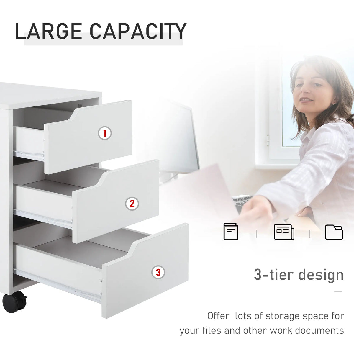 3 Drawer File Cabinet, Mobile Vertical Filing Cabinet with Wheels, White Office Cabinets & Cupboards at Gallery Canada