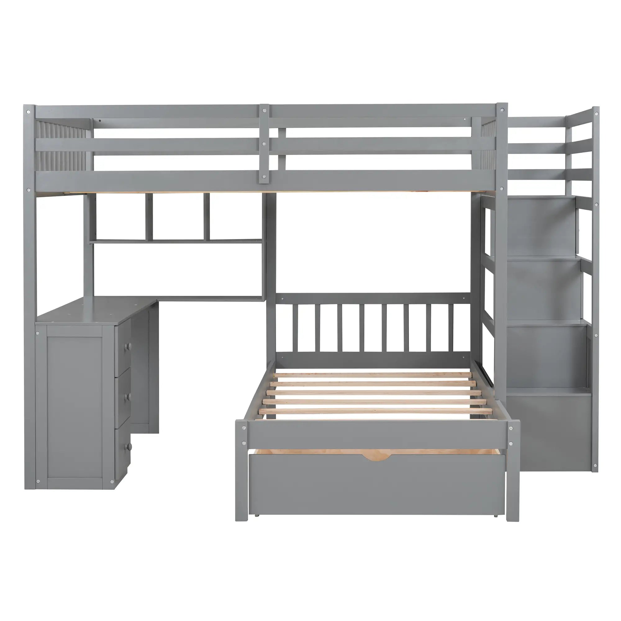 Over Twin Bunk Bed with Study Desk, Drawers, Shelves, 98