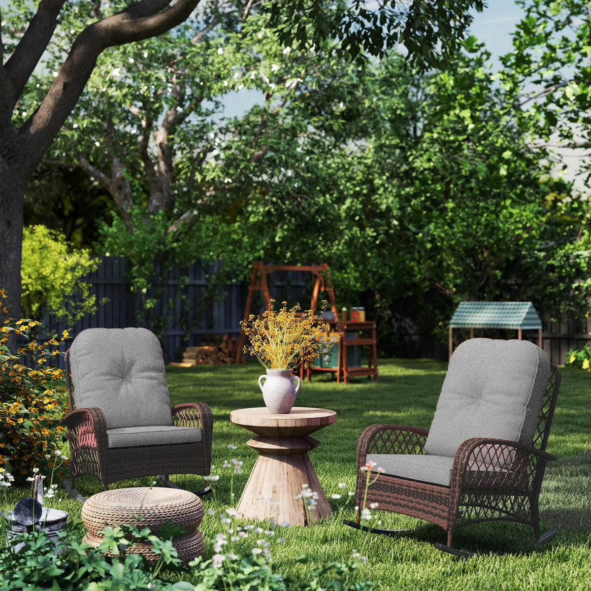 Outdoor Wicker Rattan Rocking Chair Set of 2, Patio Rocker with Cushions, Grey Outdoor Rocking Chairs at Gallery Canada