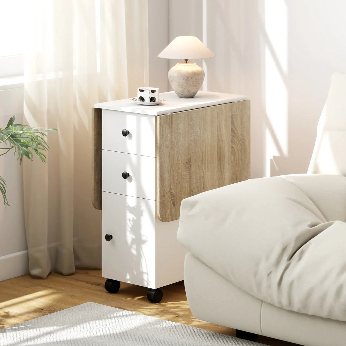 Mobile Drop Leaf Dining Table On Wheels, White And Oak, White Dining Tables at Gallery Canada