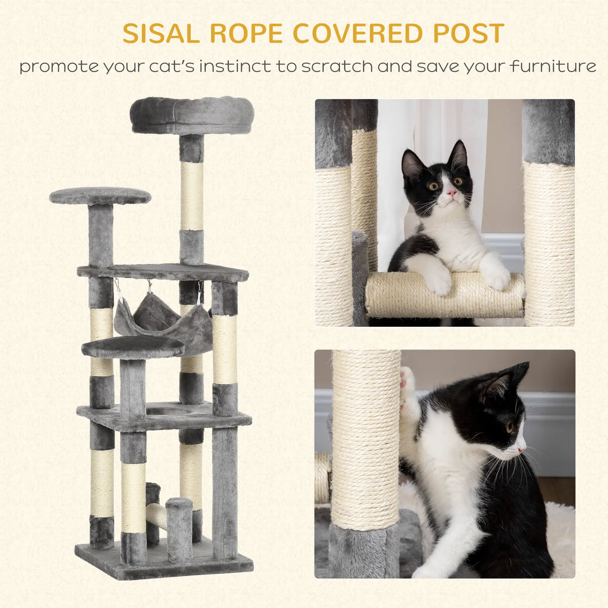 52" Multi-Level Cat Tree Tower, Kitten Scratcher, Hammock, Grey Cat Towers at Gallery Canada