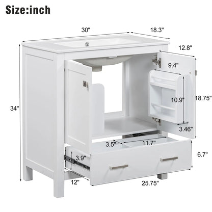 Single Sink Bathroom Vanity, Solid Wood, Soft-Close Doors, 30" L x 18.5" W x 34" H, White Sink Cabinets at Gallery Canada