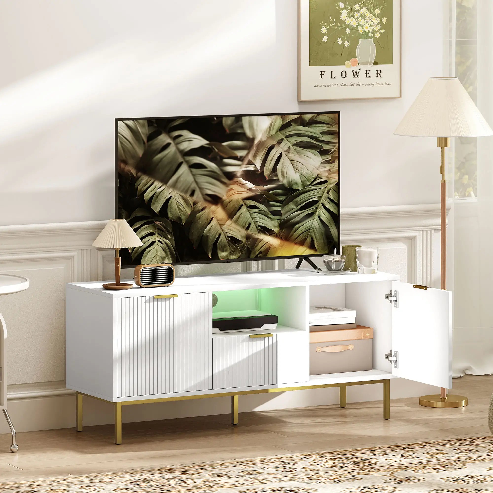 TV Console For 40 Inch TVs, Entertainment Center With RGB LED Lights, White TV Stands at Gallery Canada