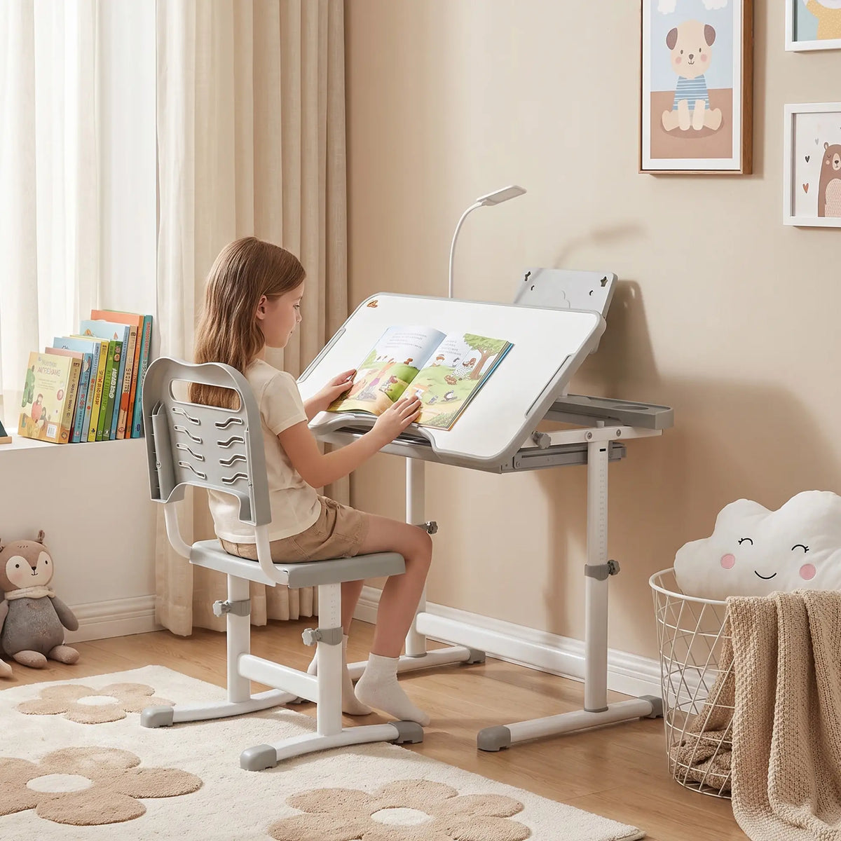 Adjustable Kids Desk and Chair Set, Student Study Table, Grey Kids Desk Sets at Gallery Canada