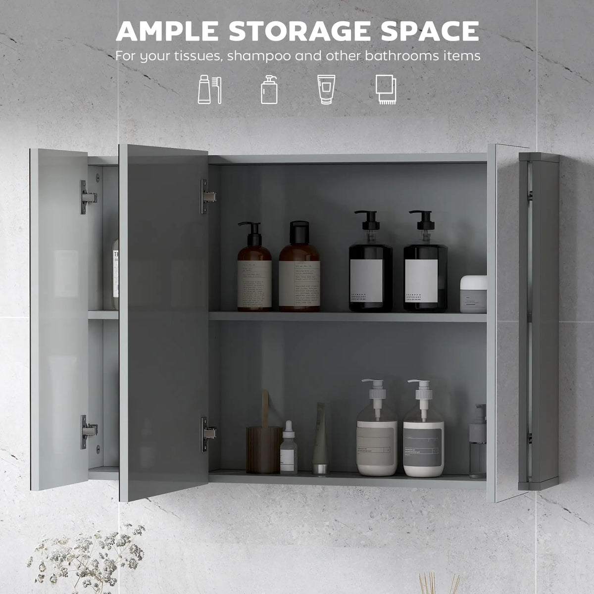 35" x 24" Wall Mirror Cabinet, Bathroom Medicine Cabinet, 3 Doors, Adjustable Shelves, Grey Mirror Medicine Cabinets at Gallery Canada