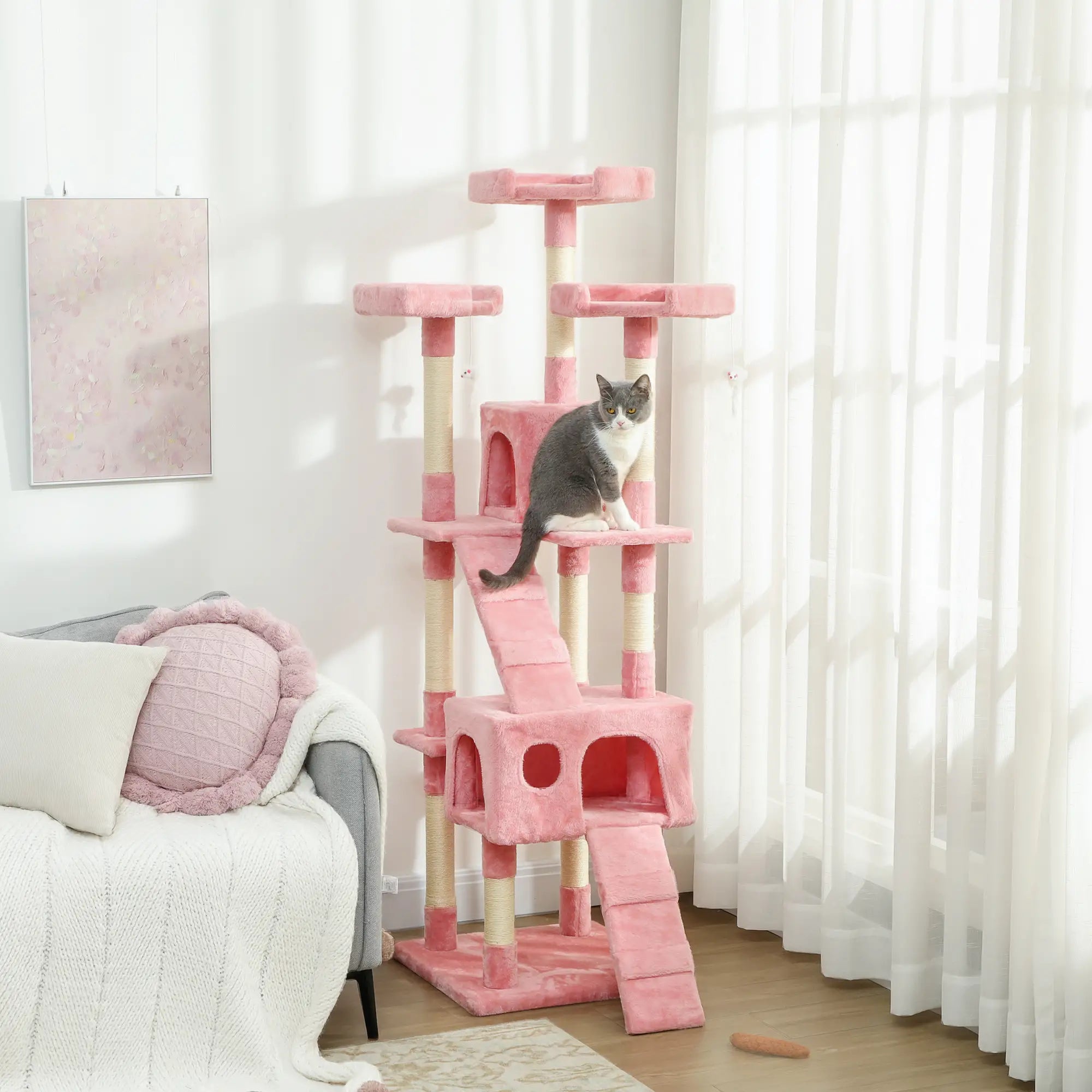 68-Inch Multi-Level Cat Scratching Tree, Kitty Activity Center, Pink Multi-Level Cat Towers at Gallery Canada