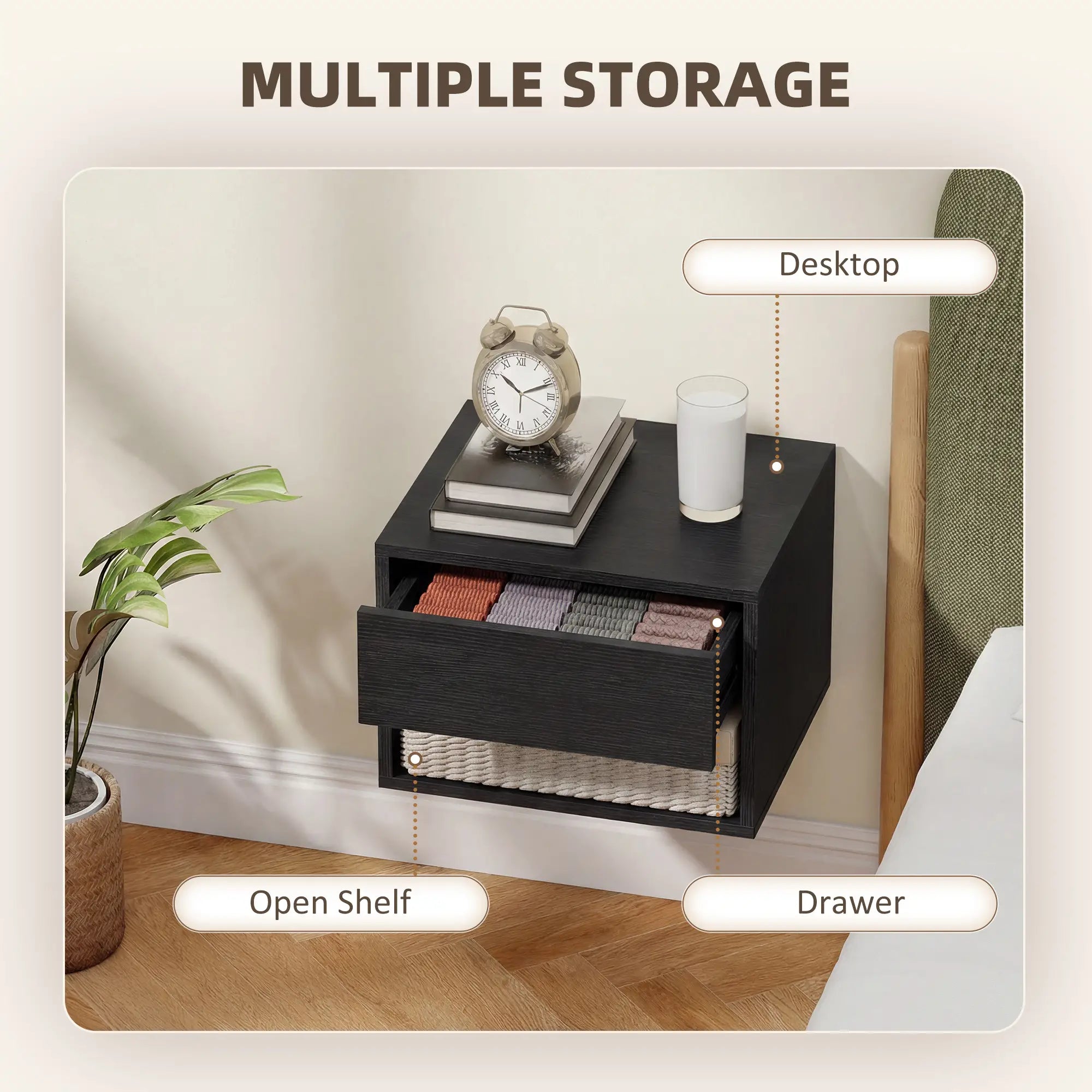Floating Nightstand Set of 2, Wall Mounted Bedside Table with Drawer, Black Bedside Tables at Gallery Canada