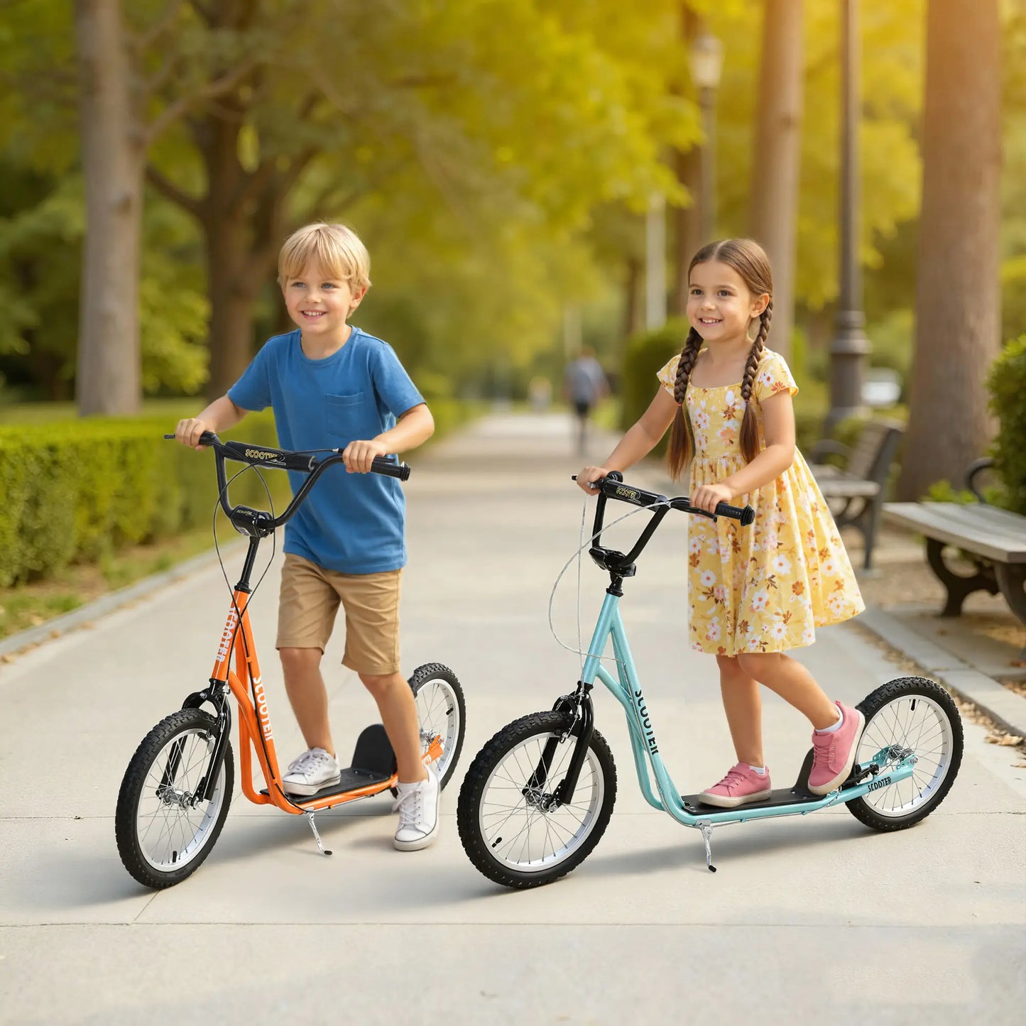 Kids Kick Scooter, 5+ Years, 16'' Inflatable Wheel, Dual Brakes, Blue Scooters at Gallery Canada