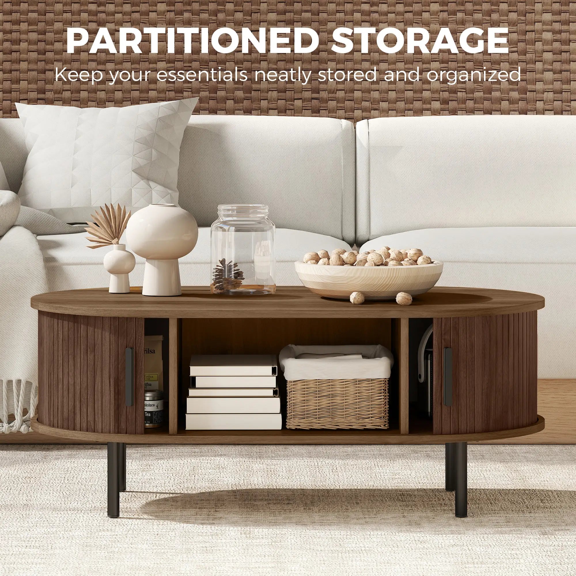 Coffee Table with Sliding Tambour Doors and Storage Center Table with Metal Legs, 39