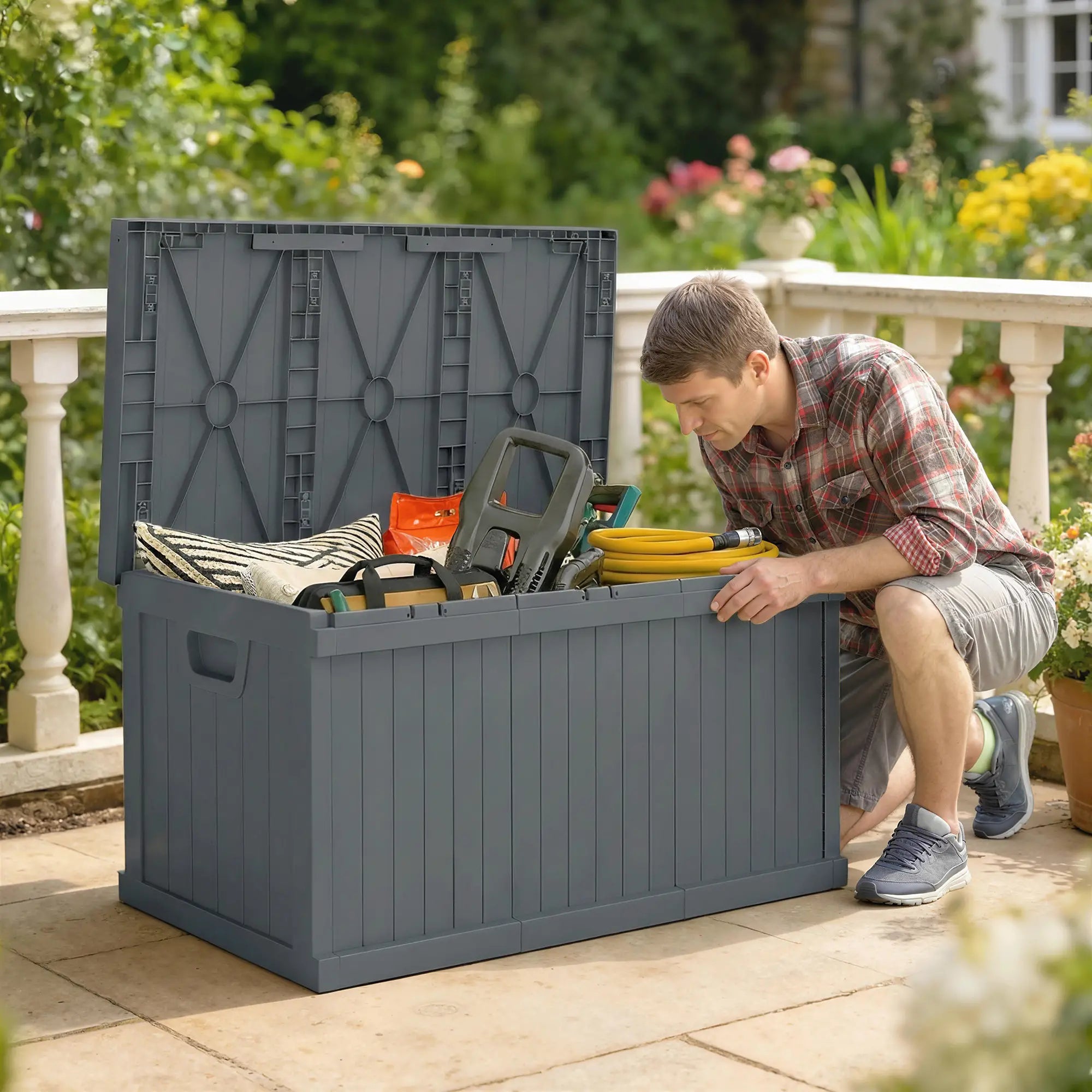 70 Gallon Deck Box, Resin Outdoor Storage Container, Dark Grey Patio Storage Boxes at Gallery Canada