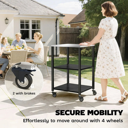 Outdoor Grill Cart, Pizza Oven Stand, 3-Tier Rolling Kitchen Prep Station, Black Outdoor Grill Carts at Gallery Canada