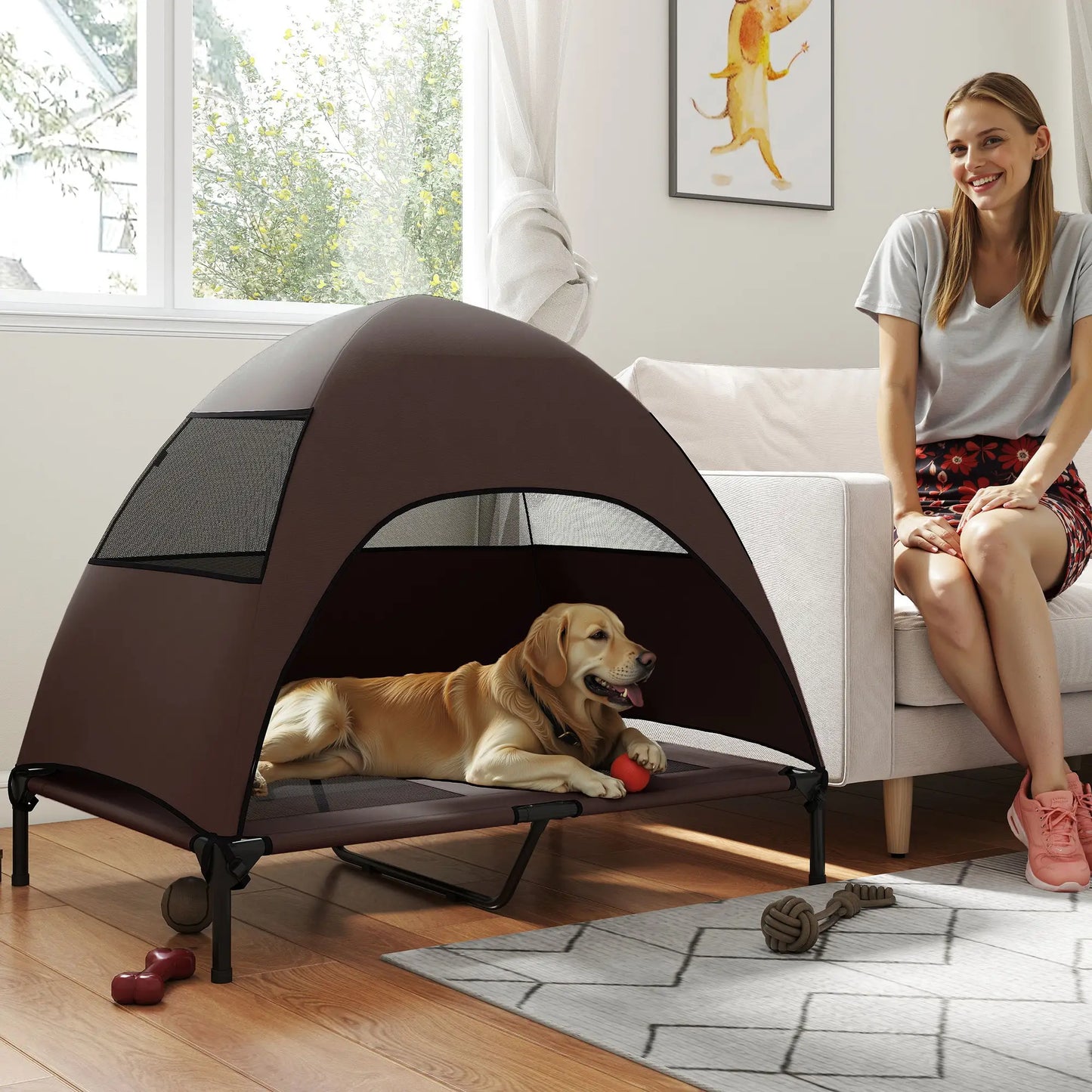 Elevated Dog Bed With Canopy, Washable Mesh Steel Frame, 41.7" x 29.9" x 39", Coffee Elevated Dog Beds at Gallery Canada