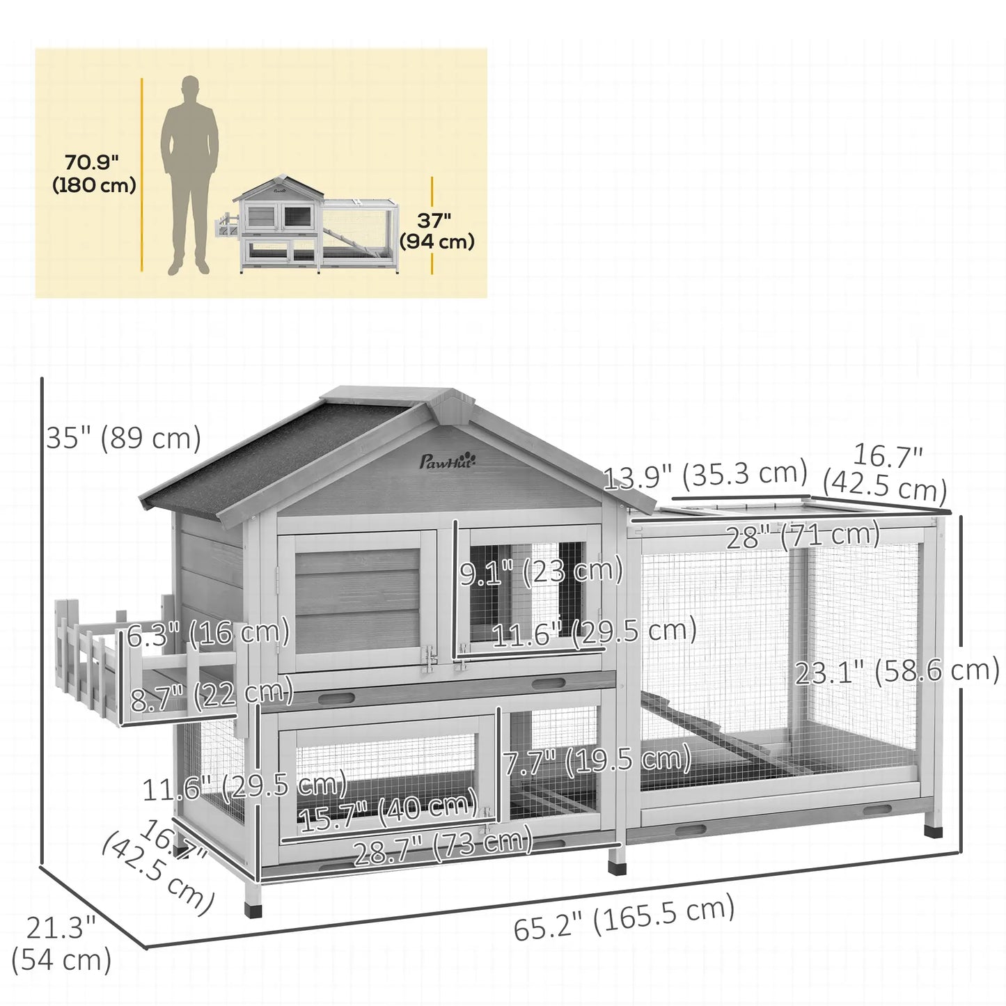 65" Wooden Rabbit Hutch, Pet Playpen with Roof, Storage Box, Grey Rabbit Hutch at Gallery Canada