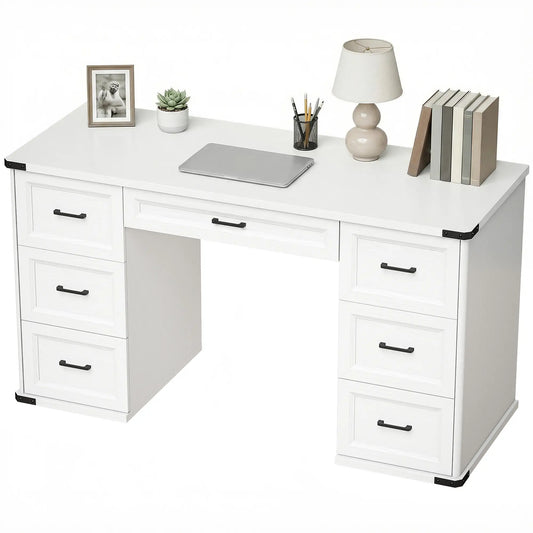 55" Computer Desk With 7 Drawers, Farmhouse Executive Desk, White Wood Grain Computer Desks White Wood Grain at Gallery Canada