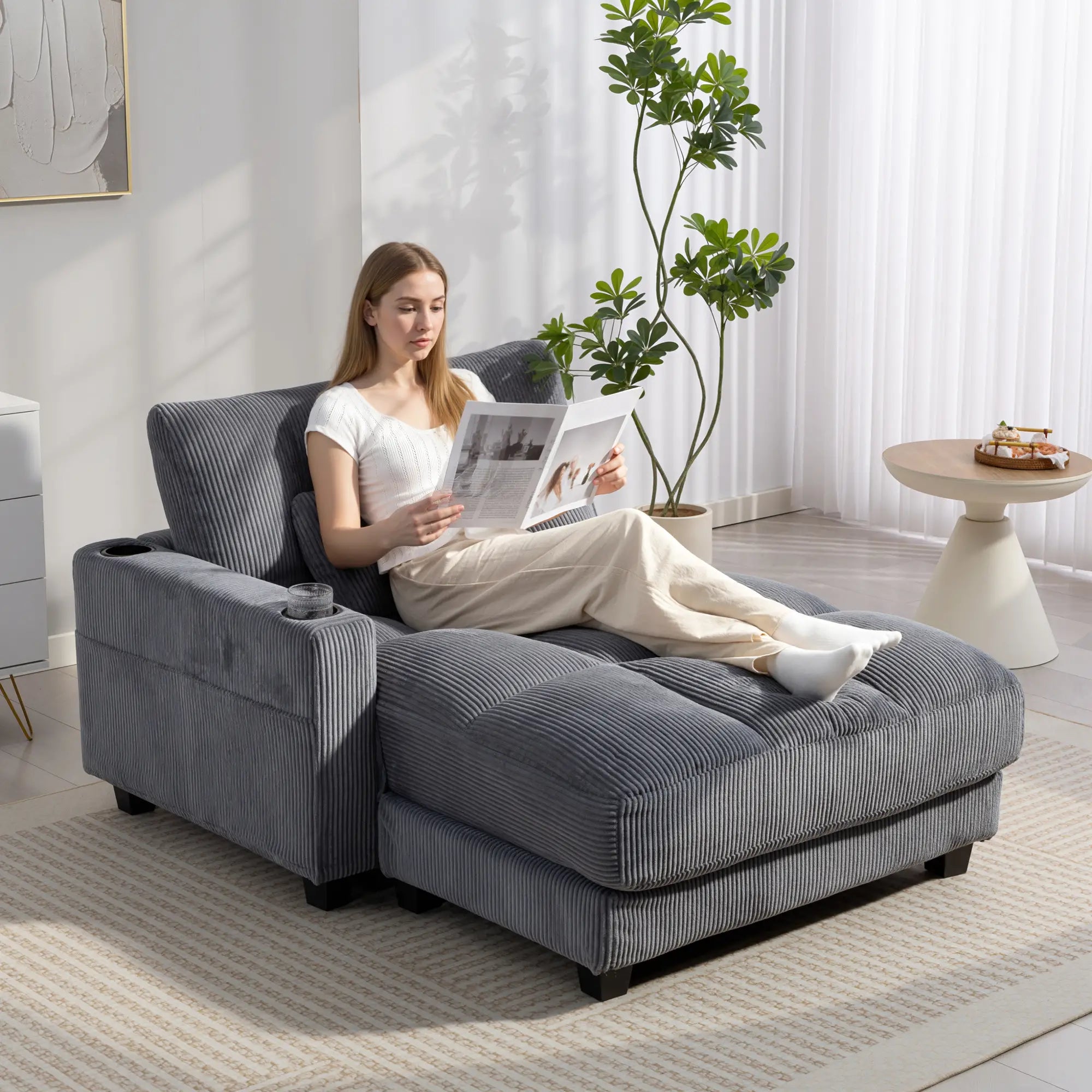 58 Inch Chaise Lounge, Oversized Corduroy Sofa Bed, Dark Grey Sofas & Reclining Chairs at Gallery Canada