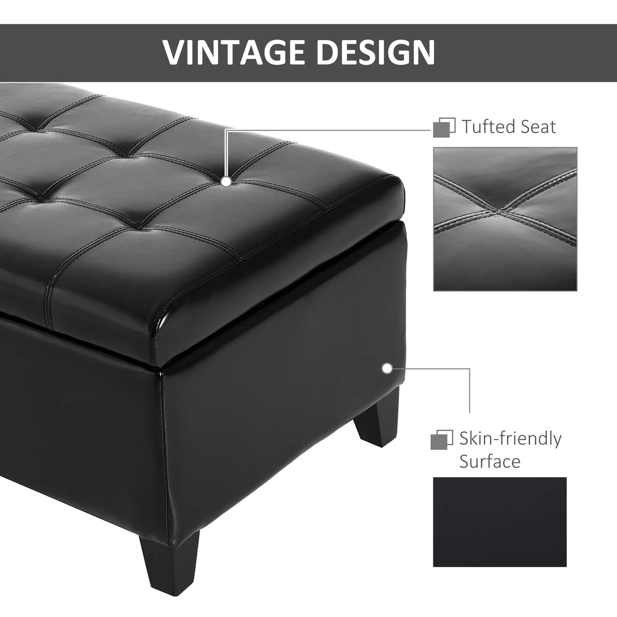 Storage Ottoman Bench, 51 Inches, PU Leather Foot Rest, Black Storage Ottomans & Benches at Gallery Canada