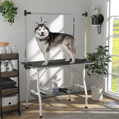 Foldable Dog Grooming Table, Adjustable Arms, Storage Shelf, 42" x 24" x 61", Black Dog Grooming Tables at Gallery Canada