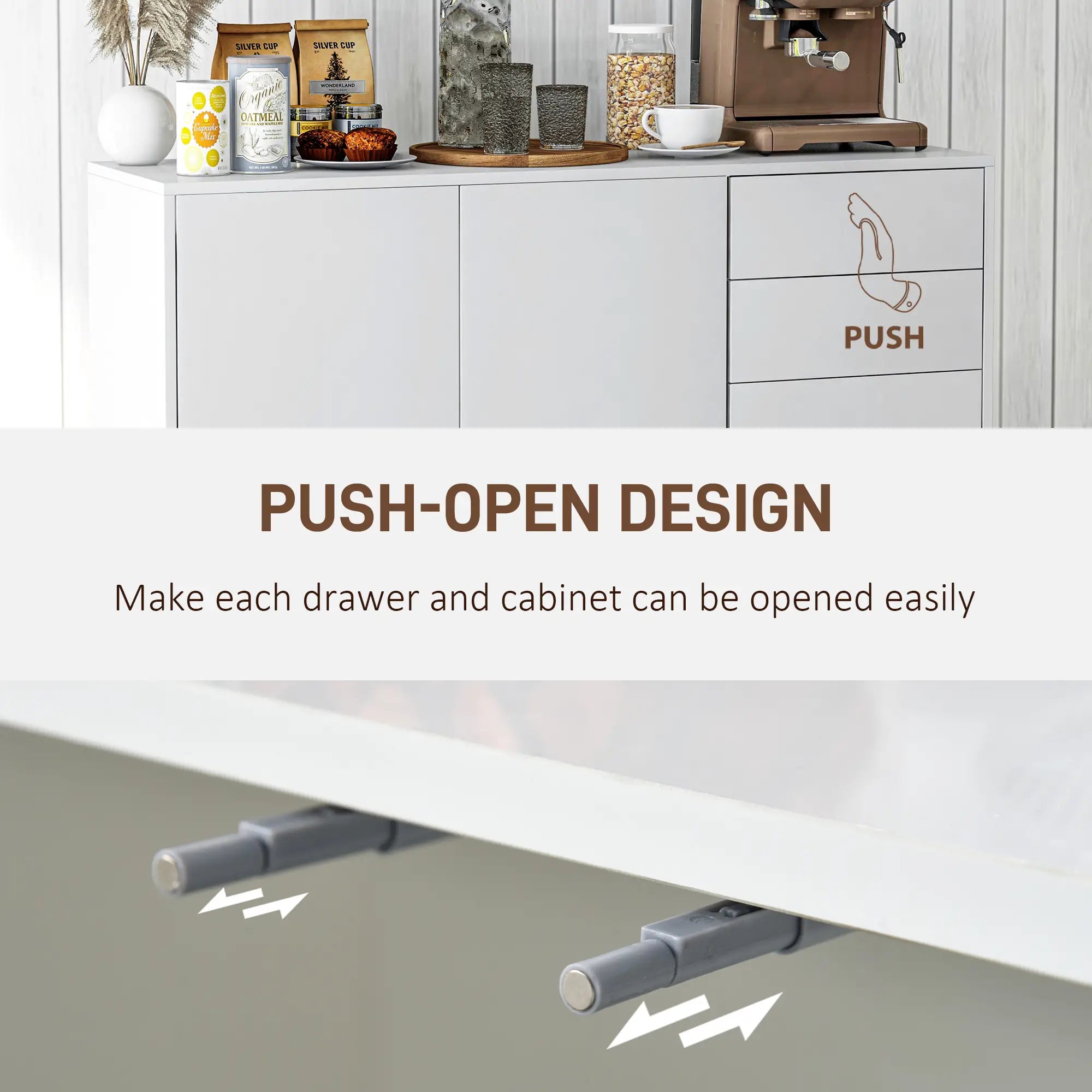 Modern Kitchen Sideboard, Coffee Bar with 2 Drawers, White Kitchen Pantry Cabinets at Gallery Canada