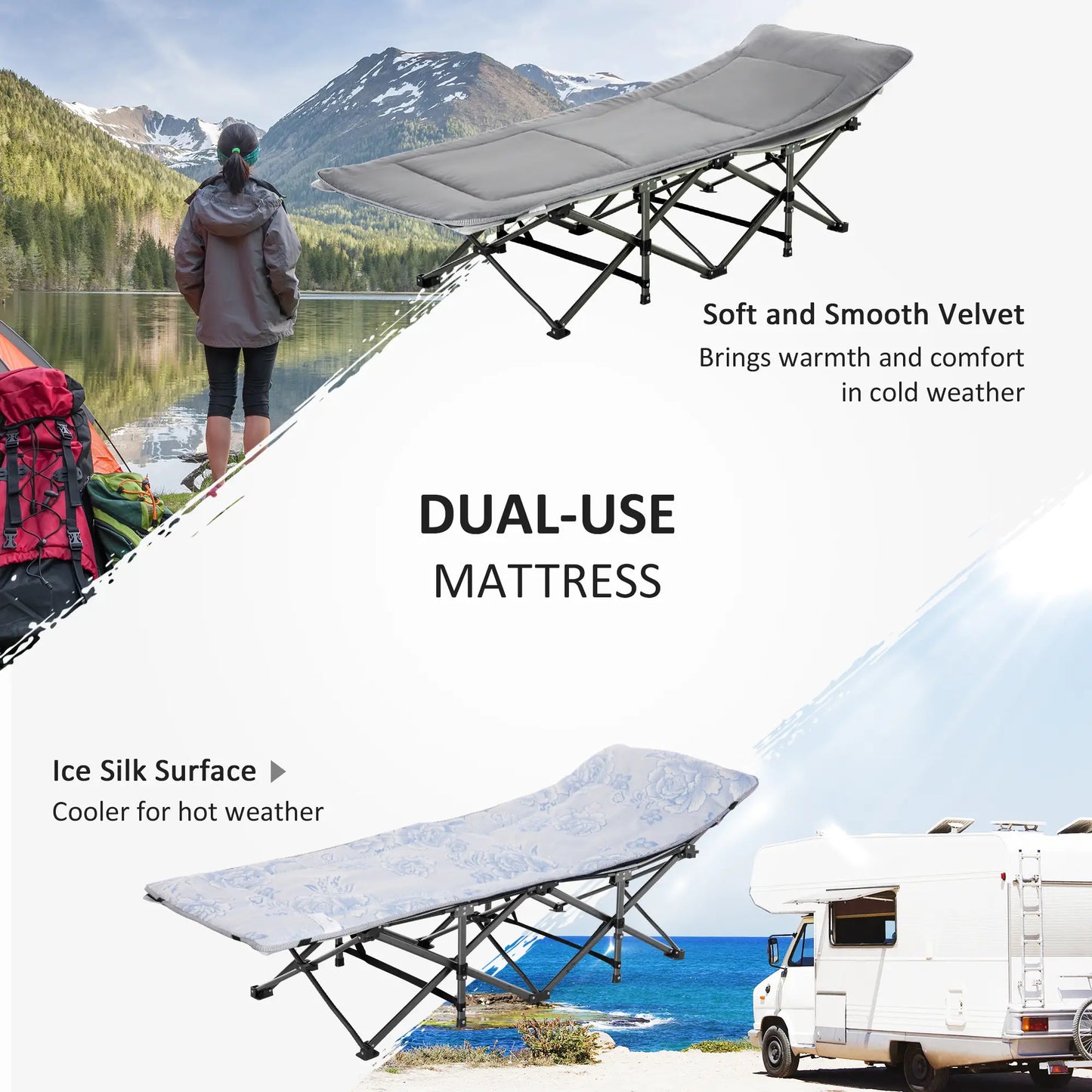 Folding Camping Cot with Mattress, Pillow, Double Layer Oxford, Carry Bag, Light Grey Camping Cots at Gallery Canada