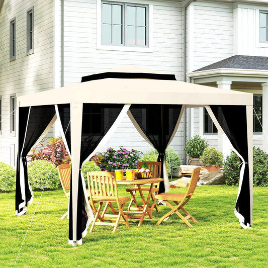 10' x 10' Outdoor Canopy Tent With Mesh Netting, Double Tier Roof, Beige Gazebos Beige at Gallery Canada
