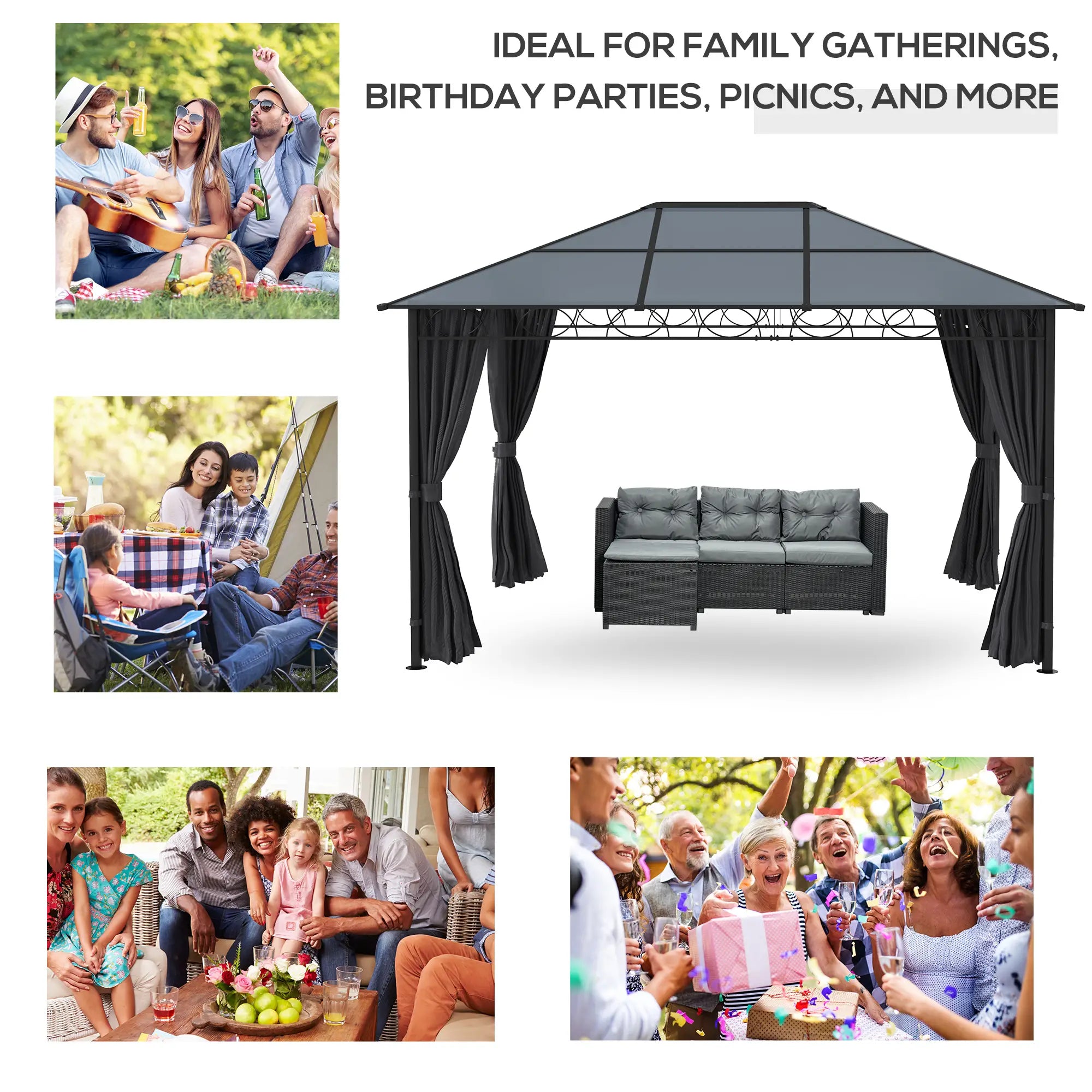 13' x 10' Polycarbonate Hardtop Gazebo, Aluminum Frame, Dark Grey Gazebos at Gallery Canada