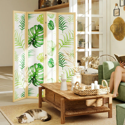 4 Panel Folding Privacy Screen, 67" Palm Leaf Design, Natural Green, Green Room Dividers at Gallery Canada