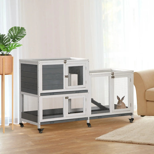 Wooden Rabbit Hutch, Bunny Cage, Small Animal Habitat, Slide-out Tray, Lockable Door, Openable Top, 58