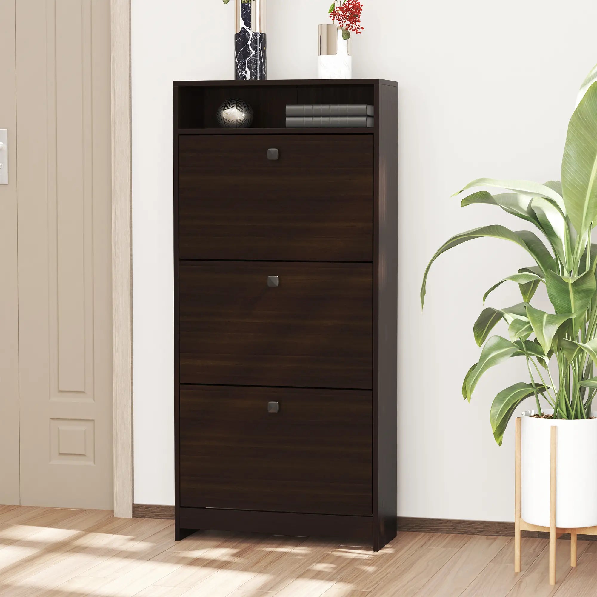 Slim Shoe Storage, 3 Flip Drawers, Adjustable Shelves, 9 Pair, Coffee Shoe Storage Cabinets & Racks at Gallery Canada