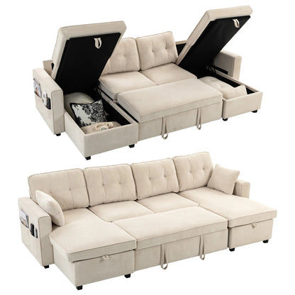 U Shaped Sectional Sofa Bed, 113" Pull Out Sleeper, Beige 3-Seater Sofas at Gallery Canada