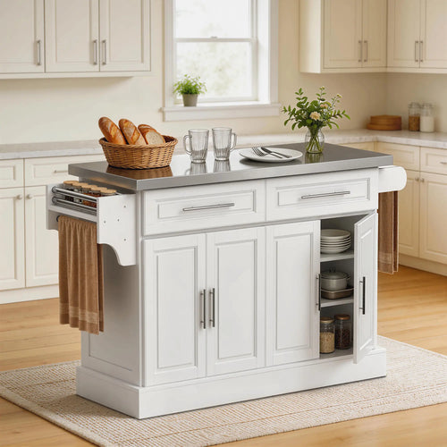 Rolling Kitchen Island with Storage, Stainless Steel Top, Drawers, Cabinets