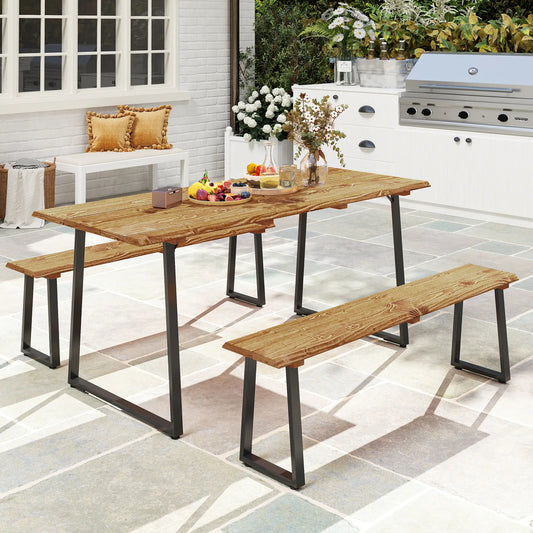 Picnic Table and Bench Set for 6, 2" Umbrella Hole, Steel Frame Outdoor Dining Sets Brown at Gallery Canada