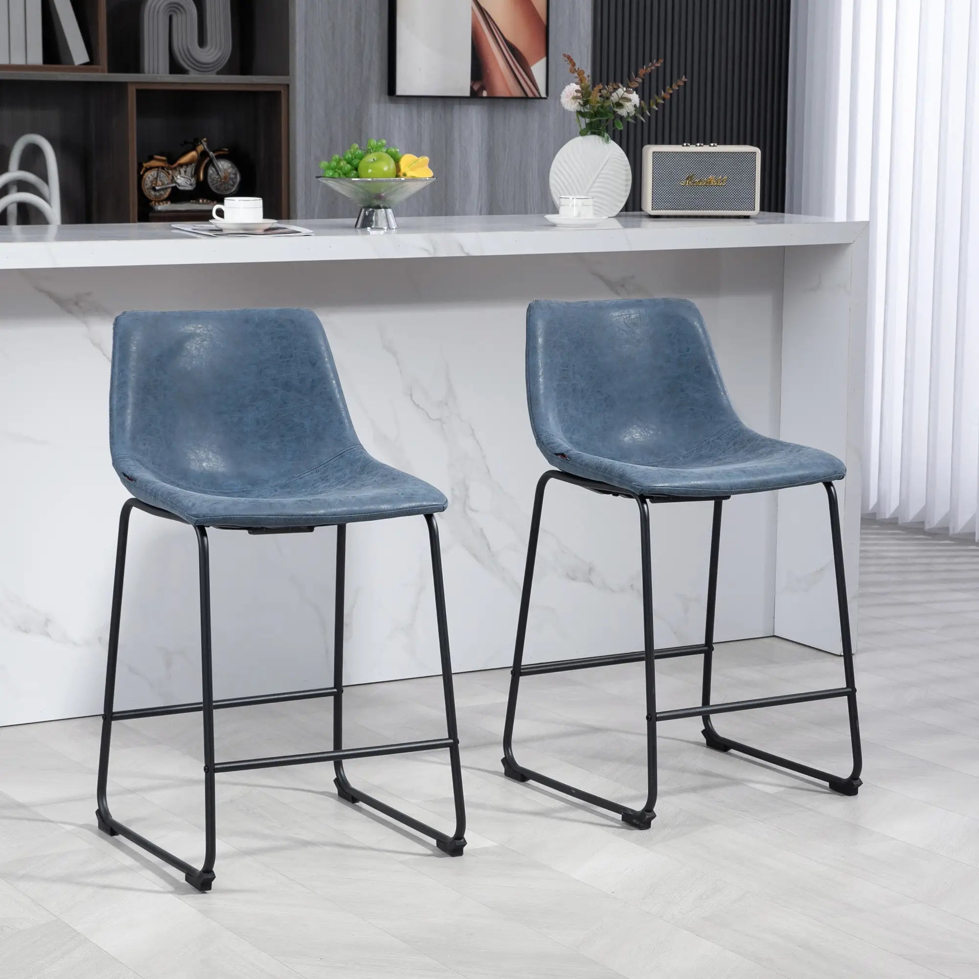 Vintage PU Leather Bar Stools, Set of 2, w/ Footrest, Blue Bar Stools at Gallery Canada