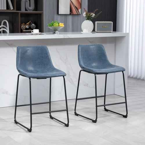 Vintage PU Leather Bar Stools, Set of 2, w/ Footrest, Blue