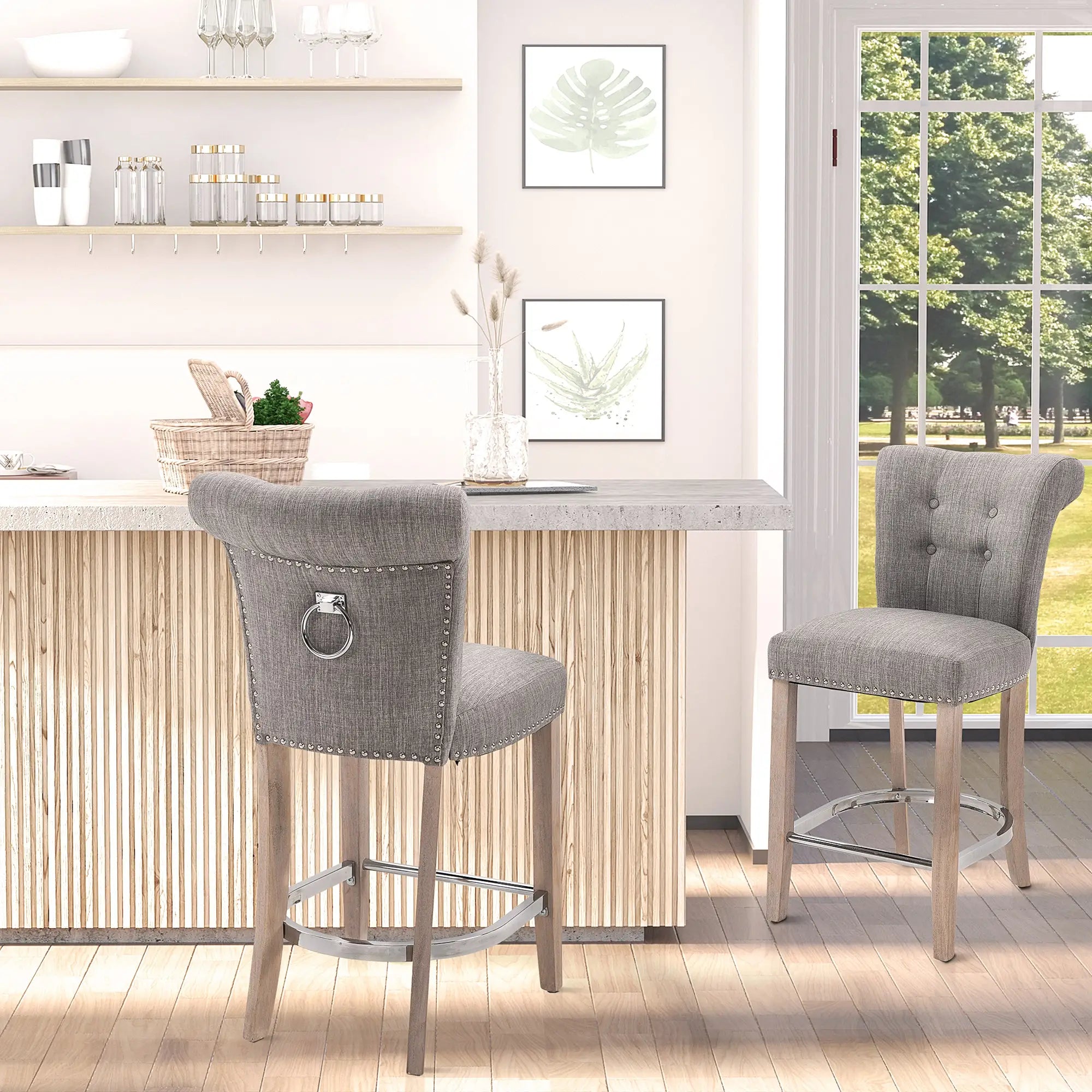 Upholstered Counter Height Bar Stools, Set of 2, Wood Legs, Grey Bar Stools at Gallery Canada