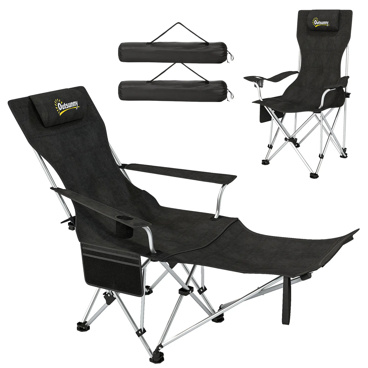 Set of 2 Reclining Camping Chairs with Foot Rest, Headrest, Cup Holder, Storage Bag, Black Picnic Tables & Camping Chairs Black at Gallery Canada