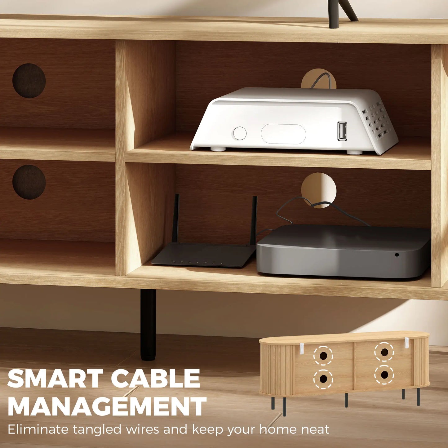 TV Stand for TVs up to 60", Modern Entertainment Center with Curved Sliding Doors, Natural Wood TV Stands at Gallery Canada