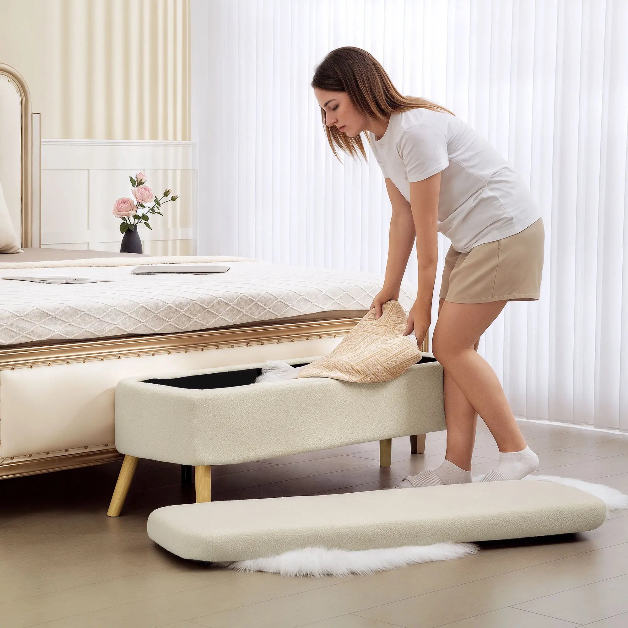 47 Inches Storage Ottoman Bench, Upholstered Teddy Fleece, Beige Storage Ottomans & Benches at Gallery Canada
