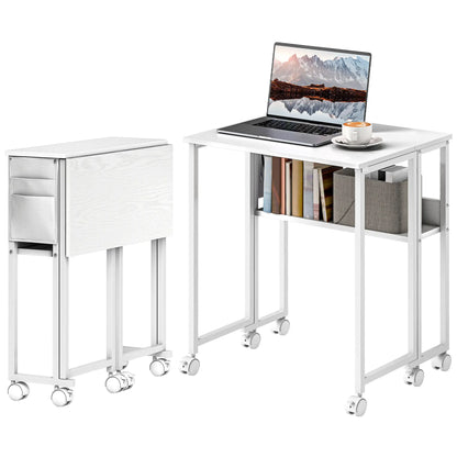 Folding Computer Desk with Storage Bag Shelf and Wheels White, White Writing Desks White at Gallery Canada