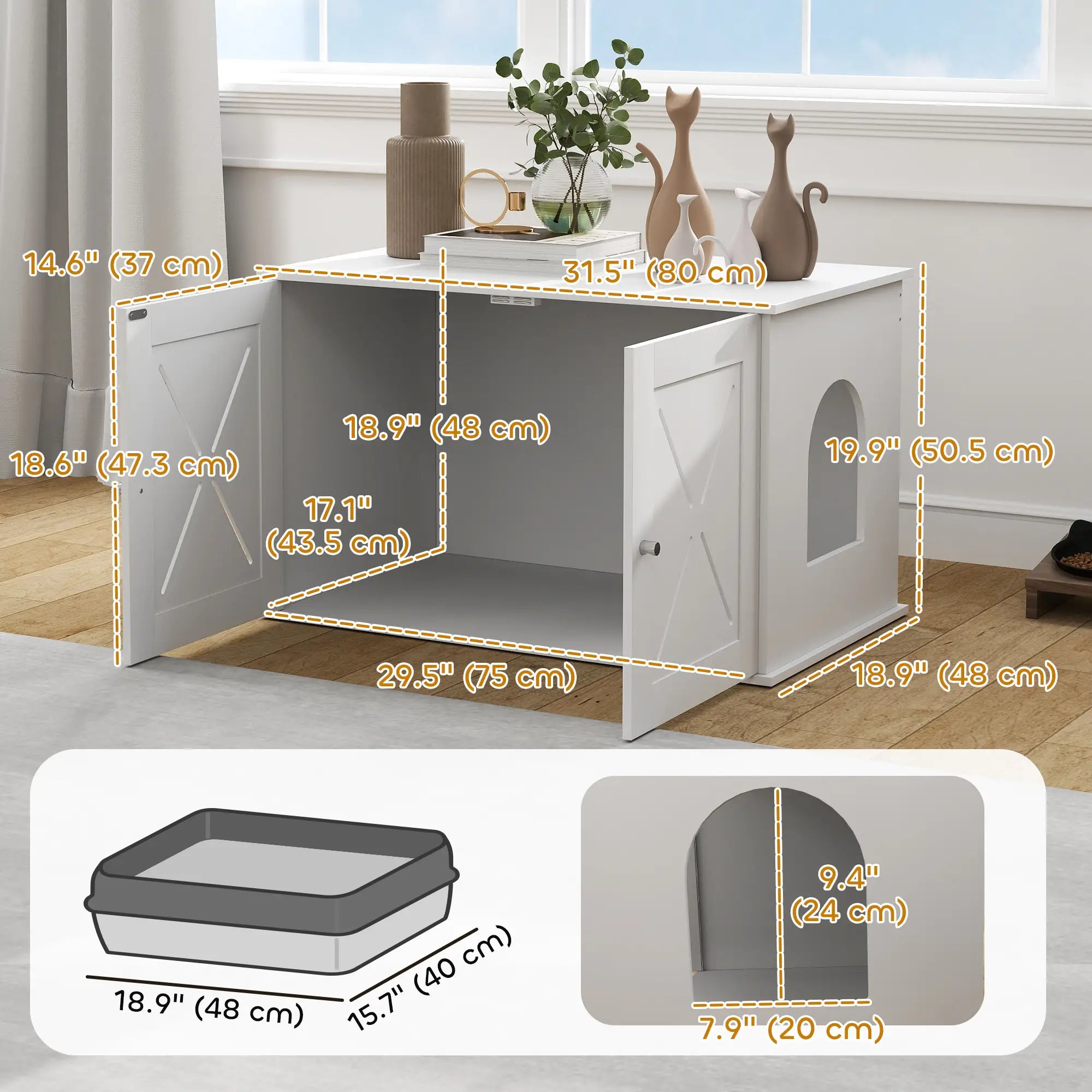 Hidden Cat Litter Box Enclosure, Double Doors, Hole, 31.5