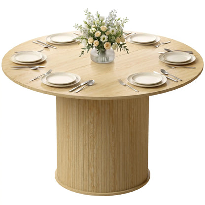 Round Dining Table For 5, 47 Inch, Fluted Pedestal Base, Natural Dining Tables at Gallery Canada