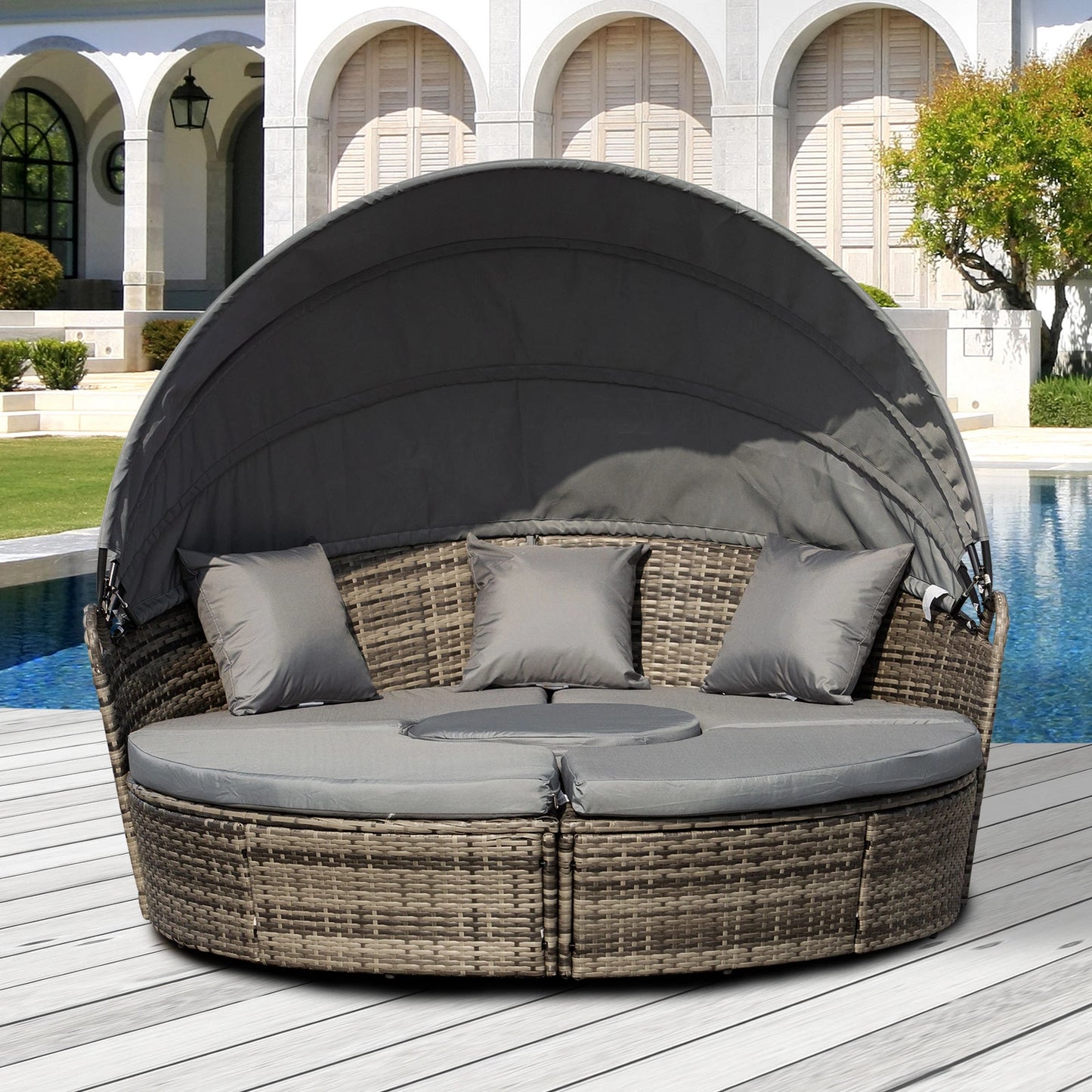Outdoor Daybed with Canopy, PE Rattan Round Sofa, Patio Set with Cushions, Grey Daybeds at Gallery Canada