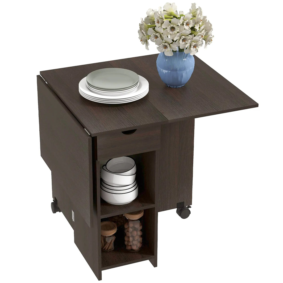 Folding Dining Table, Drop Leaf with Drawer, Storage Shelves, Dark Brown Dining Tables Dark Brown at Gallery Canada